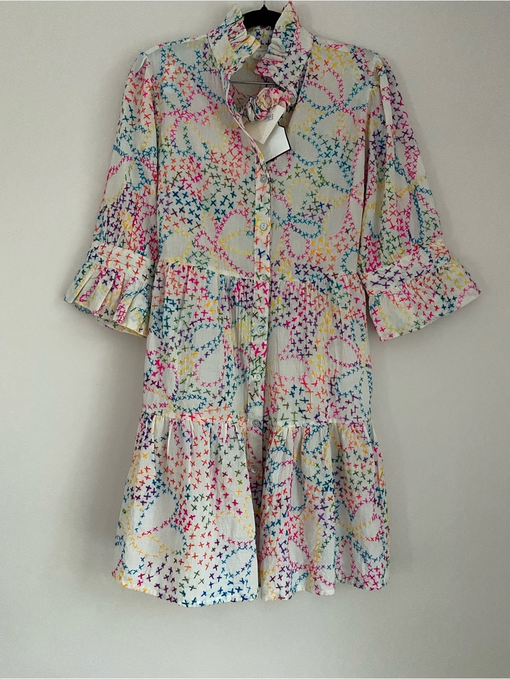 Be Boho multi color colorful stitch artistic button down dress XS new with tags